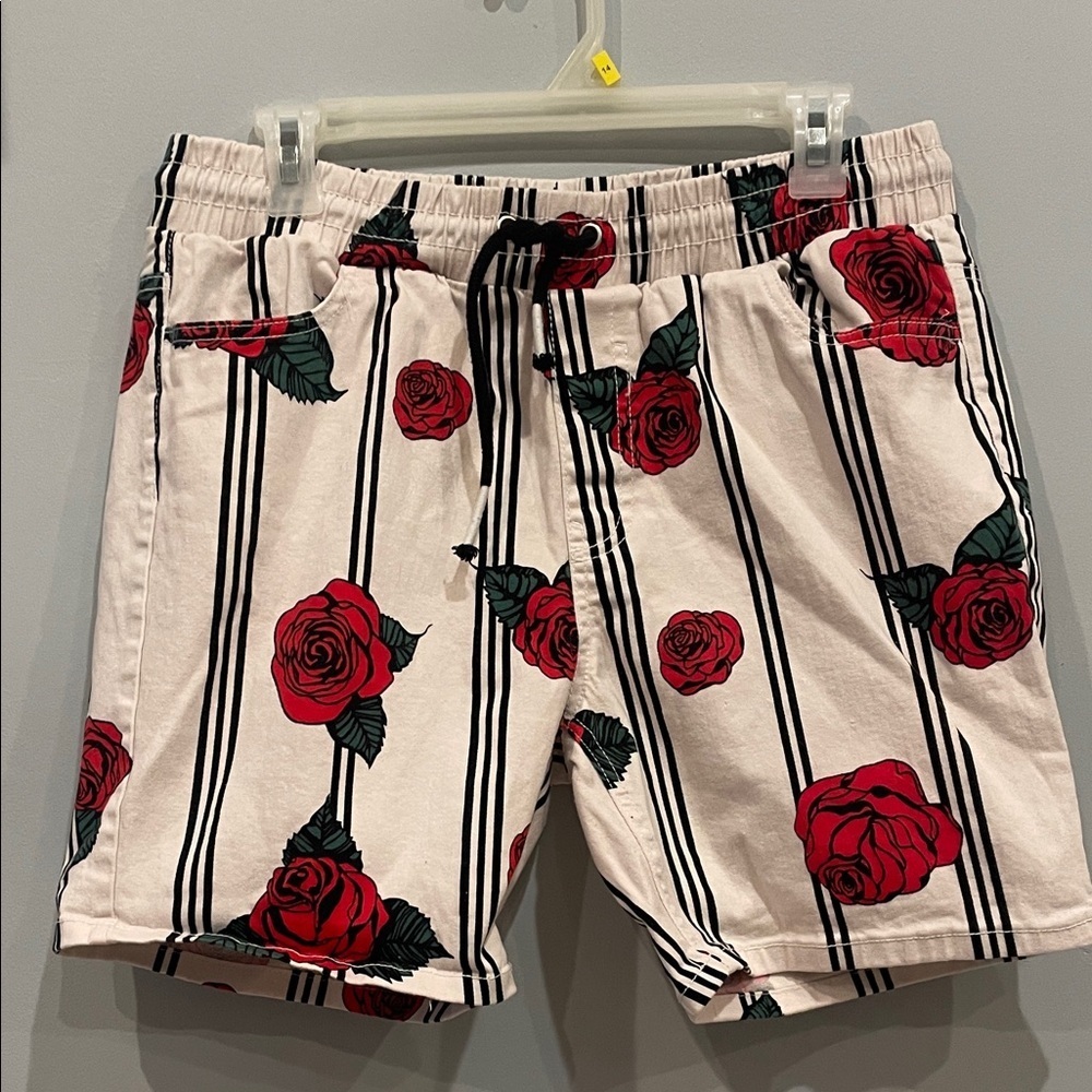 White Floral Stripe with Red Rose Print women’s drawstring shorts